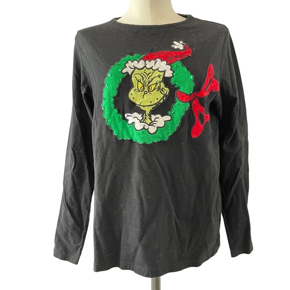 Michael Simon Dr Seuss Top Grinch Christmas Wreath Black Long Sleeves Size Small